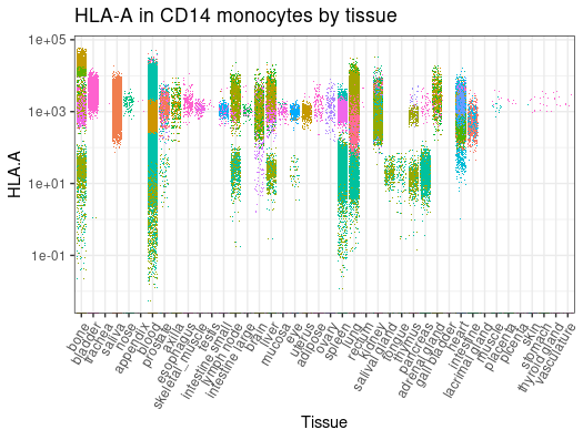 A jitter plot of HLA-A expression in CD14 monocytes from different tissues.